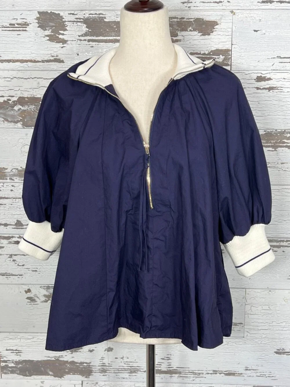 ANTHROPOLOGIE MAEVE Half-Zip Puff-Sleeve Sporty Henley Blouse Navy Sz M NWOT